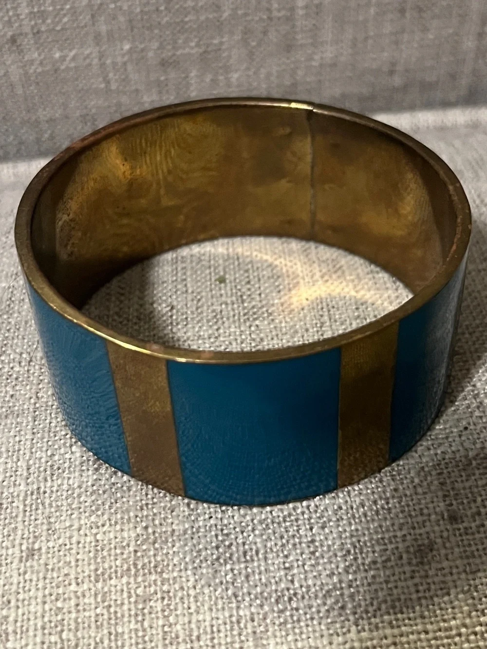 Vintage Bohemian Chunky Brass and Blue Enamel Bangle Bracelet, Circa 1970s